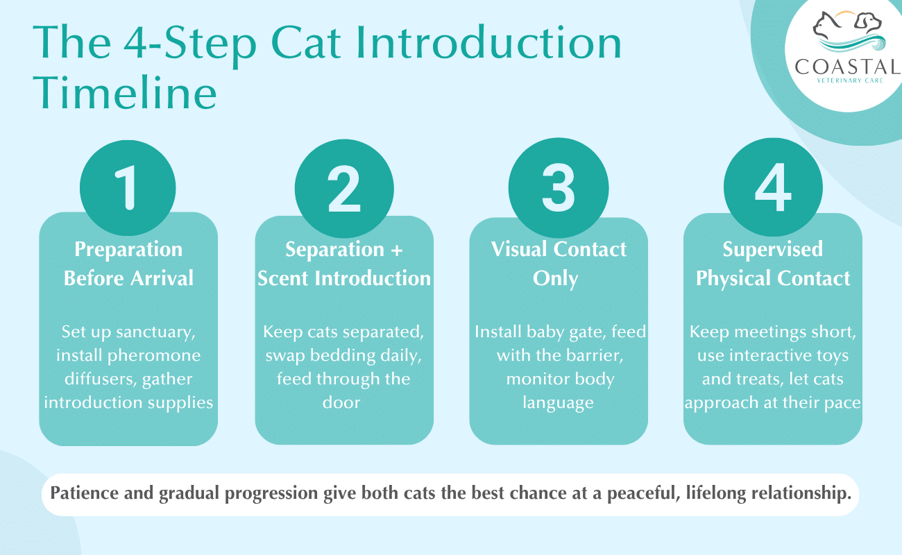infographic describing a 4-step introduction to introducing a new cat to a cat you already own
